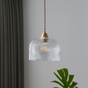 Clear Ripped Glass Shade Modern Living Room Pendant Metal Chain Dome Form 1-Bulb Hanging Lamp