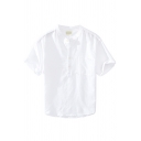 Leisure Mens Shirt Solid Color Short Sleeve Collarless Button Up Regular Fit Shirt