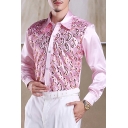 Men's Fashionable Shirt Sequins Print Button-down Patchwork Point Collar Long Sleeve Regular Fit Shirt