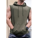 Men Modern Vest Pure Color Sleeveless Kangaroo Pocket Drawstring Hooded Fitted Vest