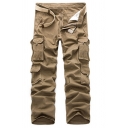 Classic Cargo Pants Pure Color Flap Pocket Zip Closure Mid Rise Long Straight Leg Pants for Men