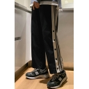 Unique Sport Pants Stripe Pattern Side Button-down Mid-Rise Waist Ankle Length Loose Pants for Guys