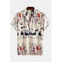 Fancy Mens Shirt All over Graphic Pattern Breast Pocket Short Sleeve Notched Collar Button-up Relaxed Shirt