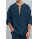 Guys Casual Shirt Solid Color Long Sleeve Deep V-neck Loose Fitted Shirt Top