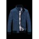 Leisure Jacket Pure Color Ribbed Trim Zip Closure Stand Collar Long Sleeve Fit Jacket for Men