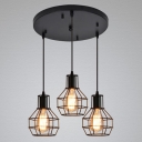 Dome Iron Cage Pendant Industrial Living Room Black 3-Bulb Hanging Lamp with Round Canopy