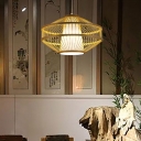Wooden Circle Ceiling Mount Asian Pendant with 1 Light Lantern Bamboo Shade Single Pendant for Living Room