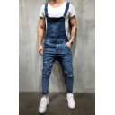 Trendy Jeans Plain Distressed Zip-Fly Stretch Denim Two-Pocket Styling Slim Rompers Jeans for Men