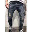 Men Vintage Jeans Plain Shredded Stretch Denim Two-Pocket Styling Zip-Fly Slim Jeans in Black