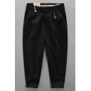 Simple Mens Pants Solid Color Zipper Closure Ankle Length Tapered Cargo Pants