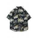 Mens Popular Shirt Tropical Plant Printed Button Up Trun Down Collar Short-Sleeve Relaxed Shirt