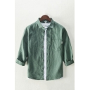 Basic Mens Linen Shirt Solid Color Chest Pocket Button Up Trun Down Collar 3/4 Sleeve Loose Shirt