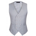 Edgy Men's Suit Vest Solid Color Back Belt Design Double Breasted V-Neck Slim Suit Vest