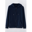 Sporty Mens Hoodie Plain Drawcord Detail Long-Sleeved Kanga Pocket Zipper Closure Loose Hoodie