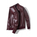 Fashionable Men's Leather Jacket Pure Color Zip-up Long Sleeves Pocket Detail Stand Collar Fitted Leather Jacket