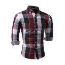 Men's Simple Shirt Plaid Pattern Button Closure Long Sleeve Slim Fit Lapel Shirt