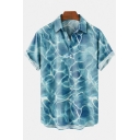 Unique Blue Shirt Seaweeds Printed Button-down Spread Collar Short Sleeve Regular Shirt for Men