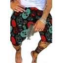 Fancy Shorts Skull All Over Printed Drawstring Waist Mid Rise Loose Fit Shorts for Men