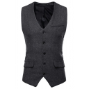 Casual Vest Plain Single Breasted Buckle Back V-Neck Sleeveless Flap Pockets Slim Fit Vest for Men