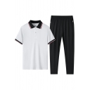 Men Leisure Set Plain Turn-Down Collar Short Sleeve Polos Elastic Waist Long Pants Two Piece Set