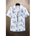 Modern Shirt Square Print Button-up Regular Shirt Short-sleeved Turn-down Collar for Men