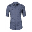 Formal Shirt Plain Long Sleeves Point Collar Button-down Slim Fit Shirt Top for Men