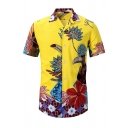 Tropical Style Mens Shirt Plant Pattern Button Closure Notch Collar Short-sleeved Regular Fit Shirt Top