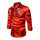 Mens Vintage Shirt Plain Sequins Detail Point Collar Long Sleeve Button-down Fitted Shirt