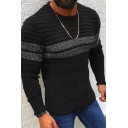 Men's Fashionable Sweater Stripe Pattern Ribbed Knit Long Sleeve Crew Neck Slim Pullover Sweater in Black