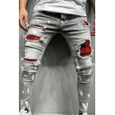 Trendy Jeans Patchwork Bleach Pocket Decorated Ripped Detail Skinny Jeans for Men