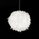 White Feather Shade Pendant Nordic Bedroom Globe 1-Head Hanging Lamp