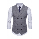 Elegant Waistcoat Plaid Pattern Flap Pockets Belt Back Design Double-Breasted Notched Lapel Slim Suit Vest for Men