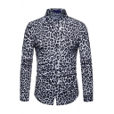 Men Chic Shirt Leopard Print Lapel Collar Button-down Long Sleeves Slim Fit Shirt