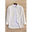 Vintage Shirt Solid Color Flap Pockets Long Sleeves Turn-down Collar Button-down Loose Shirt for Men