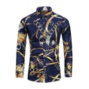 Men Fancy Shirt Baroque Pattern Button-down Long Sleeve Turn Down Collar Slim Shirt Top in Navy