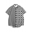 Unique Shirt Stripe Checkered Printed Short Sleeve Lapel Button Closure Loose Shirt for Guys
