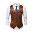 Retro Coffee Vest Faded Wash V-neck Button Closure Single Breasted Slim Fit Vest for Men