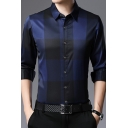 Men Elegant Shirt Striped Printed Point Collar Button up Long Sleeves Slim Fitted Shirt