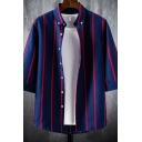 Men Urban Shirt Striped Print Button Detailed Button-down Collar 3/4 Sleeves Fitted Shirt for Men