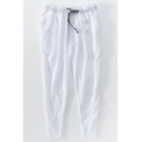 Mens Leisure Pants Solid Color Drawstring Waist Ankle Fitted Relaxed Pants in White