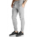 Simple Sport Trousers Solid Color Drawstring Waist Full Length Slim Fitted Pants for Men