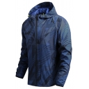 Sporty Mens Trench Coat Geo Printed Long Sleeve Zipper Front Hooded Relaxed Track Jackets