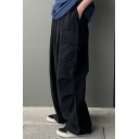 Trendy Cargo Pants Pure Color Elastic Waist Mid-Rise Full Length Oversize Fit Pants for Men