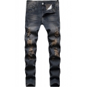 Vintage Mens Jeans Dark Wash Distressed Zipper Fly Full Length Skinny Fit Jeans