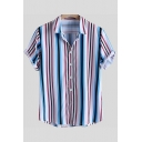 Men Leisure Shirt Striped Print Turn-down Collar Button Closure Short Sleeve Regular Fitted Shirt