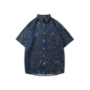 Men Casual Shirt Floral Pattern Short Sleeve Point Collar Button-down Relaxed Fit Shirt Top