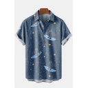 Boyish Shirt Cosmic Pattern Short Sleeve Spread Collar Button Up Regular Shirt Top for Guys