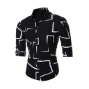 Guys Stylish Shirt Geometric Pattern Spread Collar Long Sleeve Button-down Slim Fitted Shirt Top