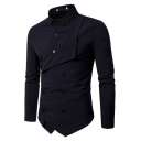 Mens Creative Shirt Patchwork Solid Color Long Sleeve Turn Down Collar Button Up Fit Shirt Top