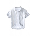 Leisure Mens Shirt Stripe Printed Flap Pocket Short Sleeve Turn Down Collar Button Up Regular Shirt